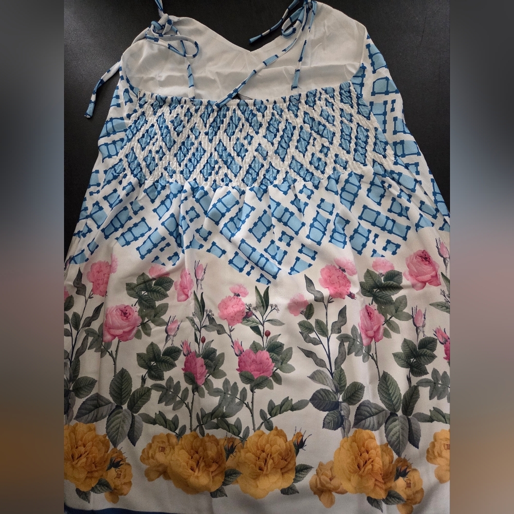 NWT - Dalia MacPhee Multi Floral Tie Shoulder Belted Waist Midi Dress - Size L - Picture 11 of 16